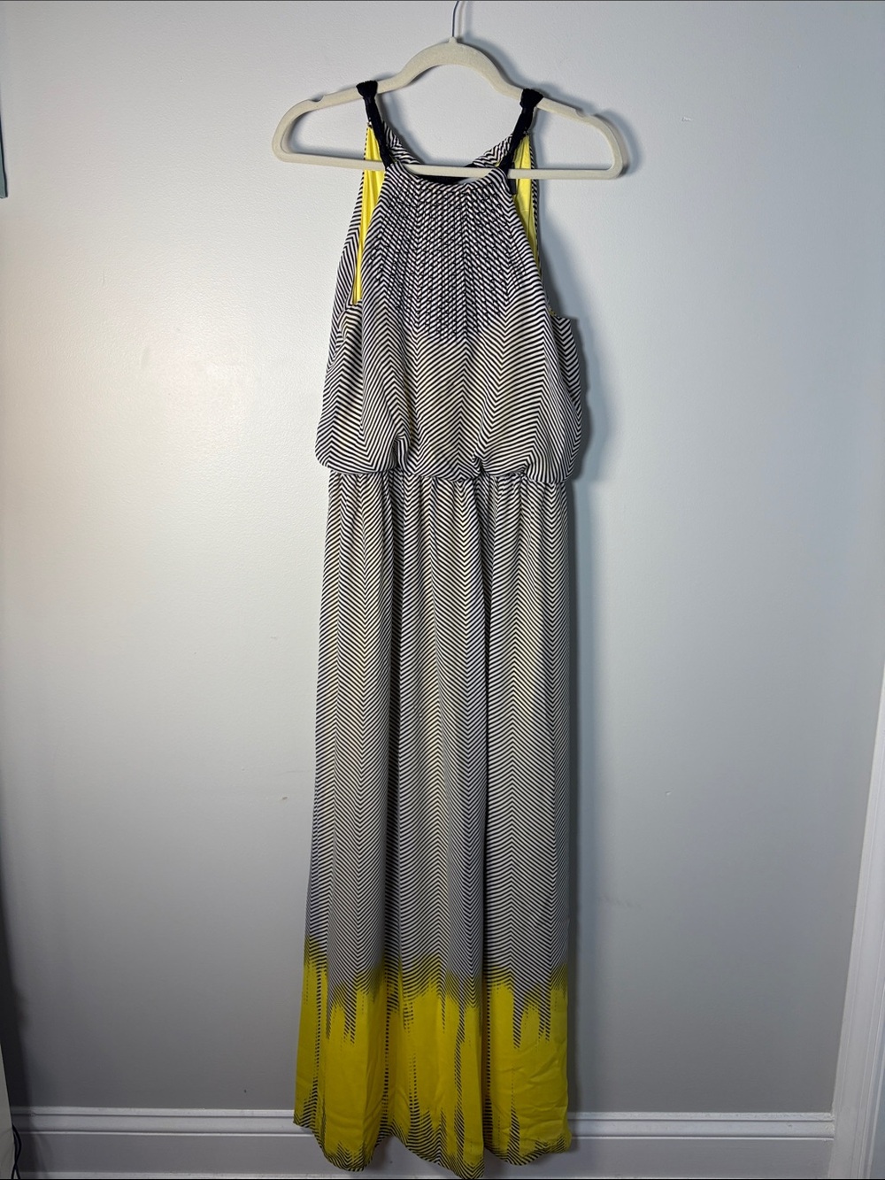Vince Camuto Black & White Chevron Halter Maxi Dress with Yellow Hem